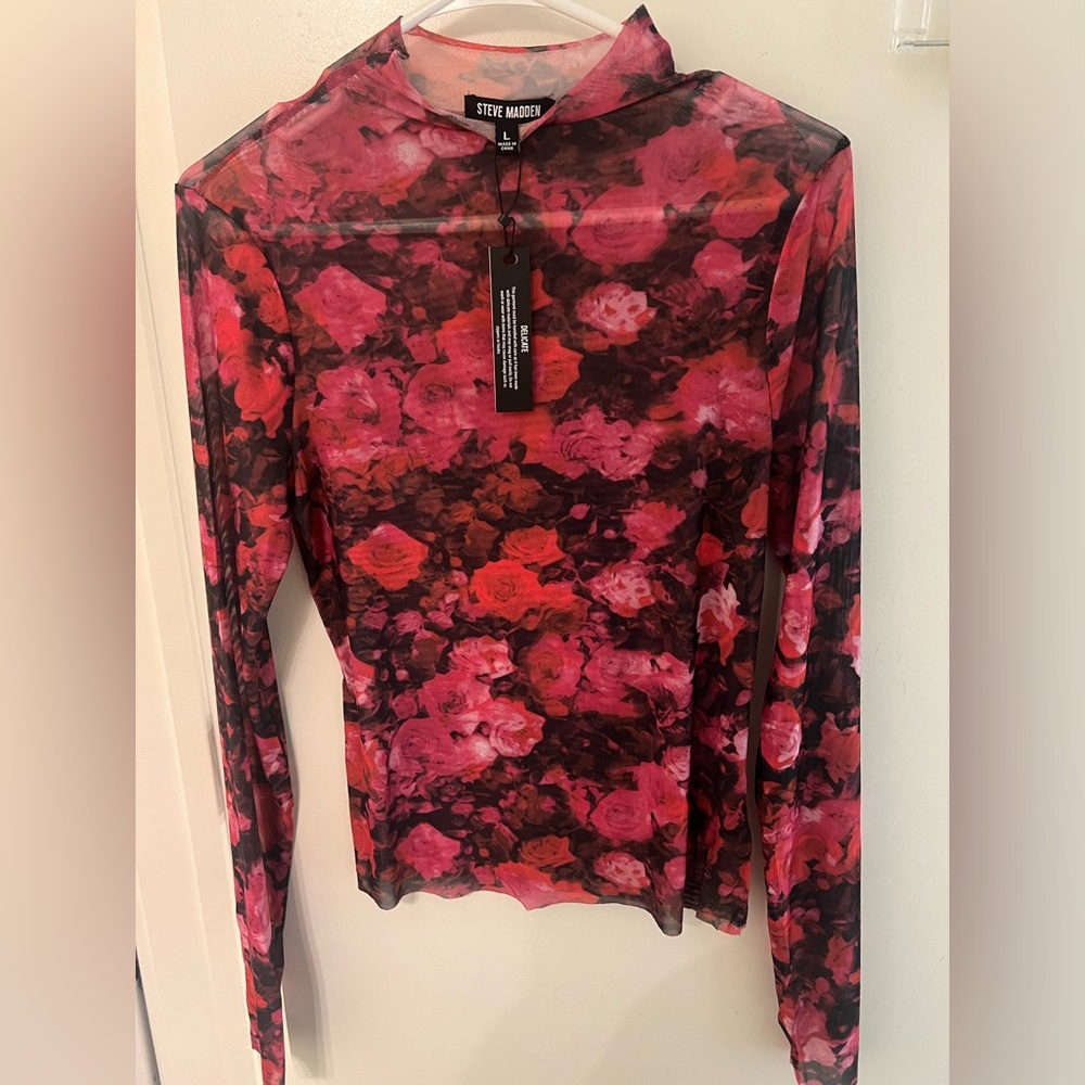 Red floral sheer mock turtleneck top